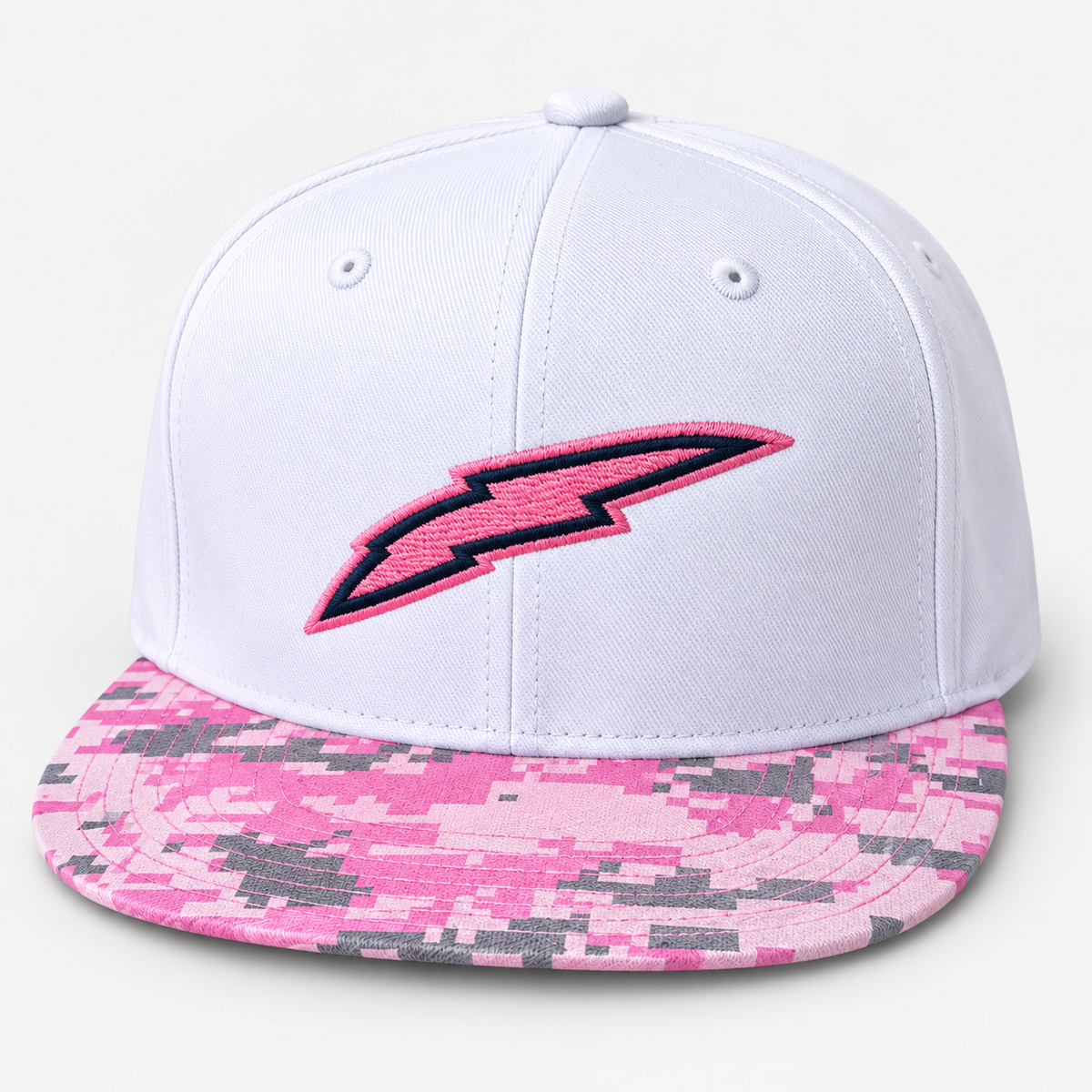 Pinked Out Lightning White Trucker Hat with Pink Camo Brim