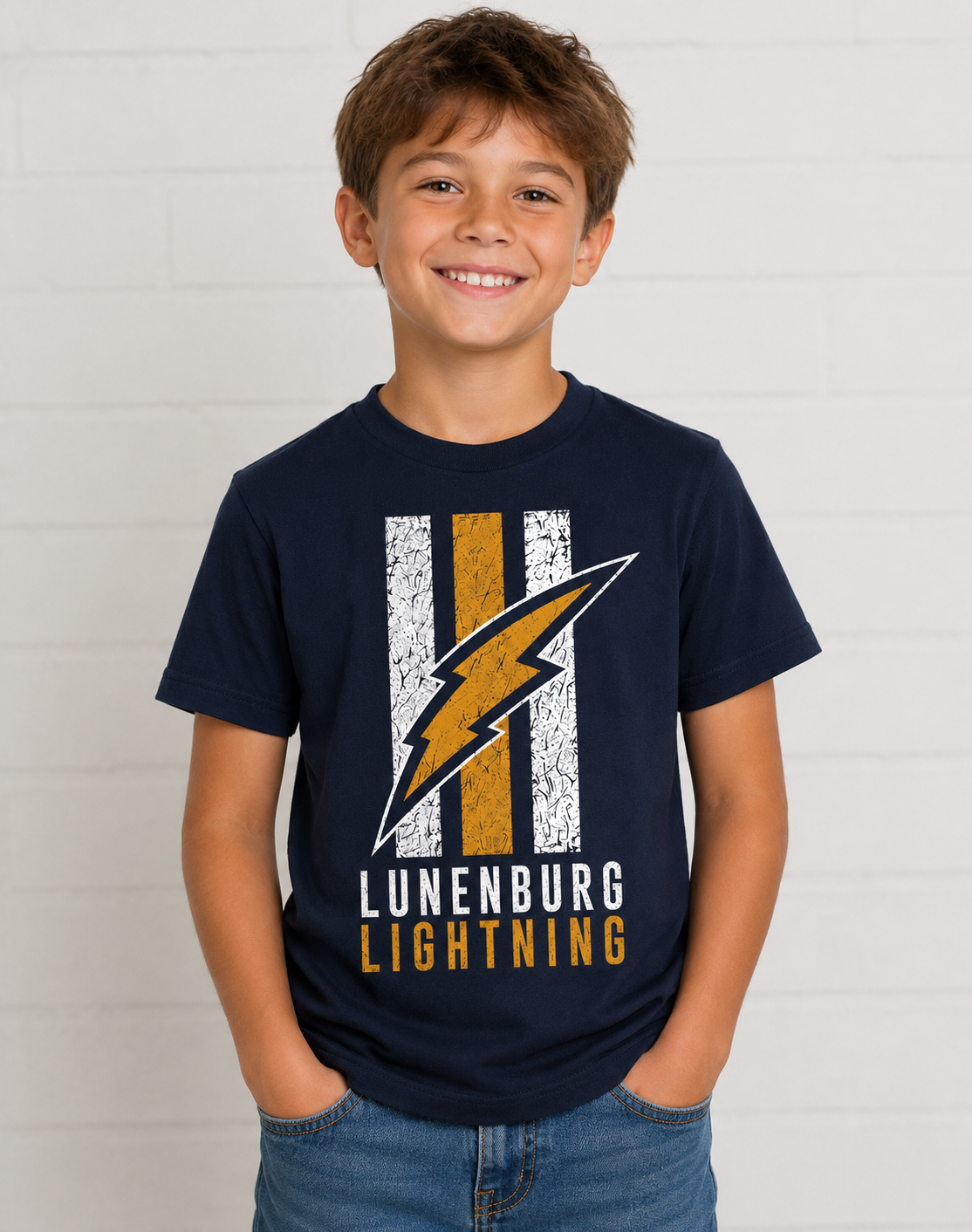 Youth Short Sleeve Navy & Gold Bolt